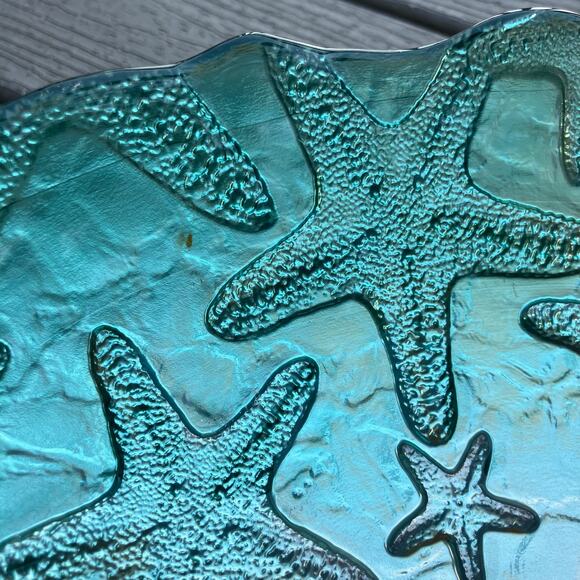 Large glass ombre starfish etched decorative bowl, mermaid fisherman nautical - Picture 6 of 12